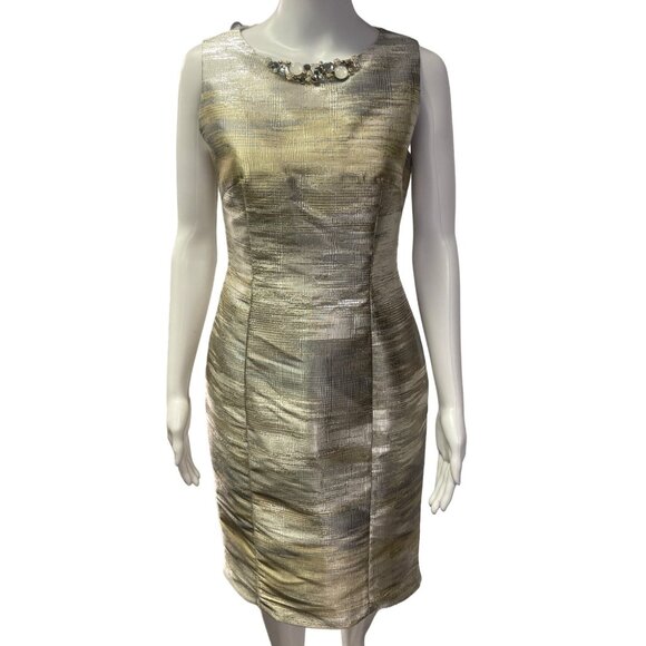 Tahari Women's 2 Piece Suit Sleeveless Dress w/Jacket Gold & Silver Size 2 SKU 2 - Picture 4 of 7